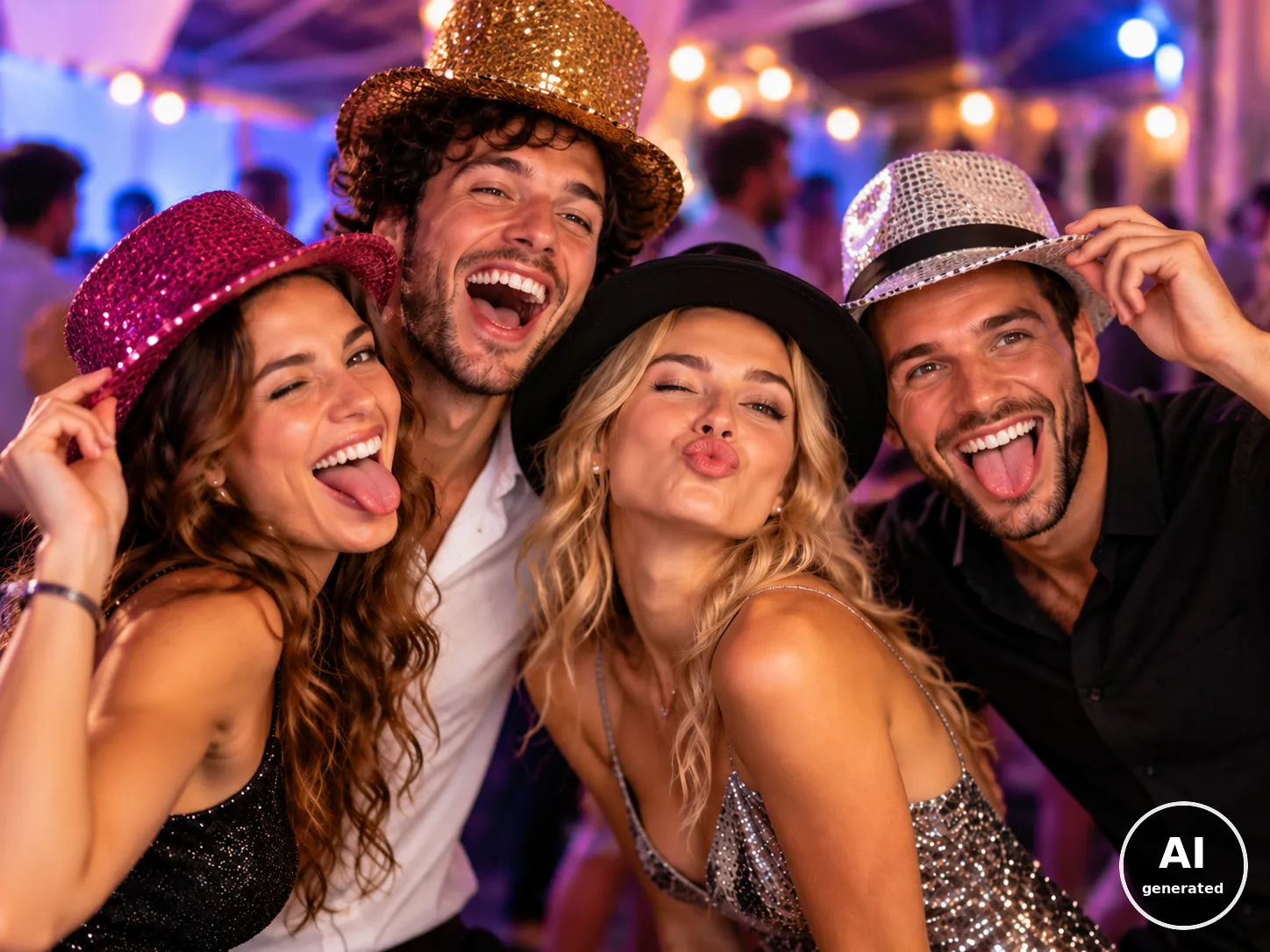 Friends in glitter hats celebrating at a party