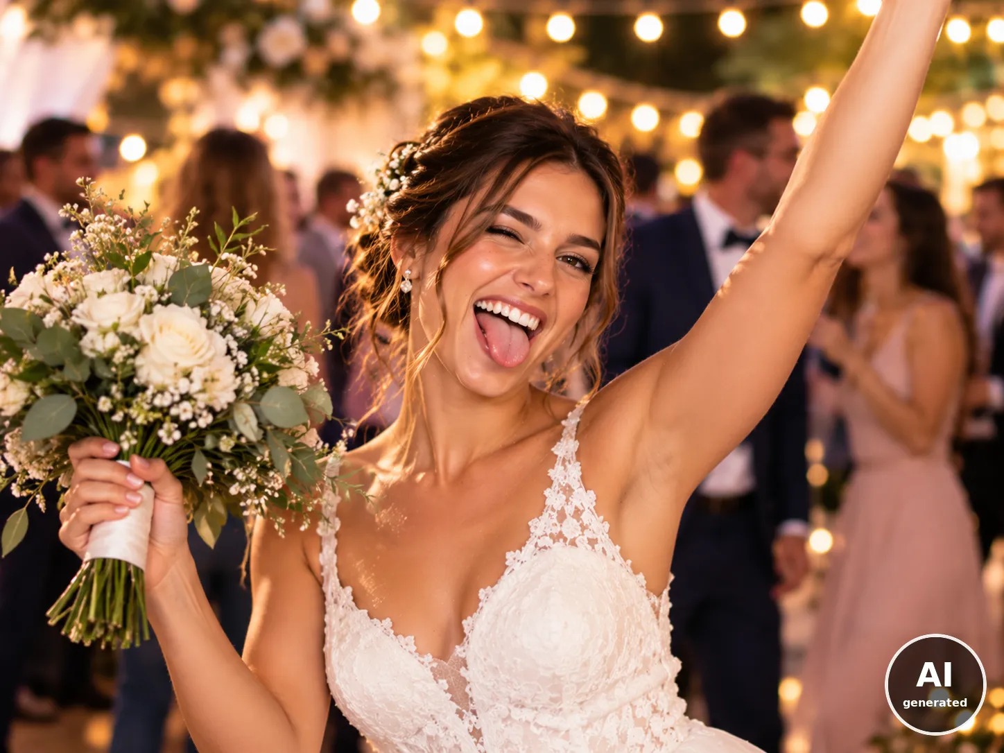 Bride with her bouquet celebrating at a wedding