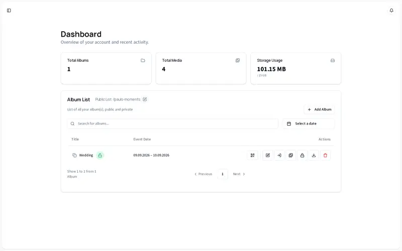 OM Gallery - dashboard album management screenshot