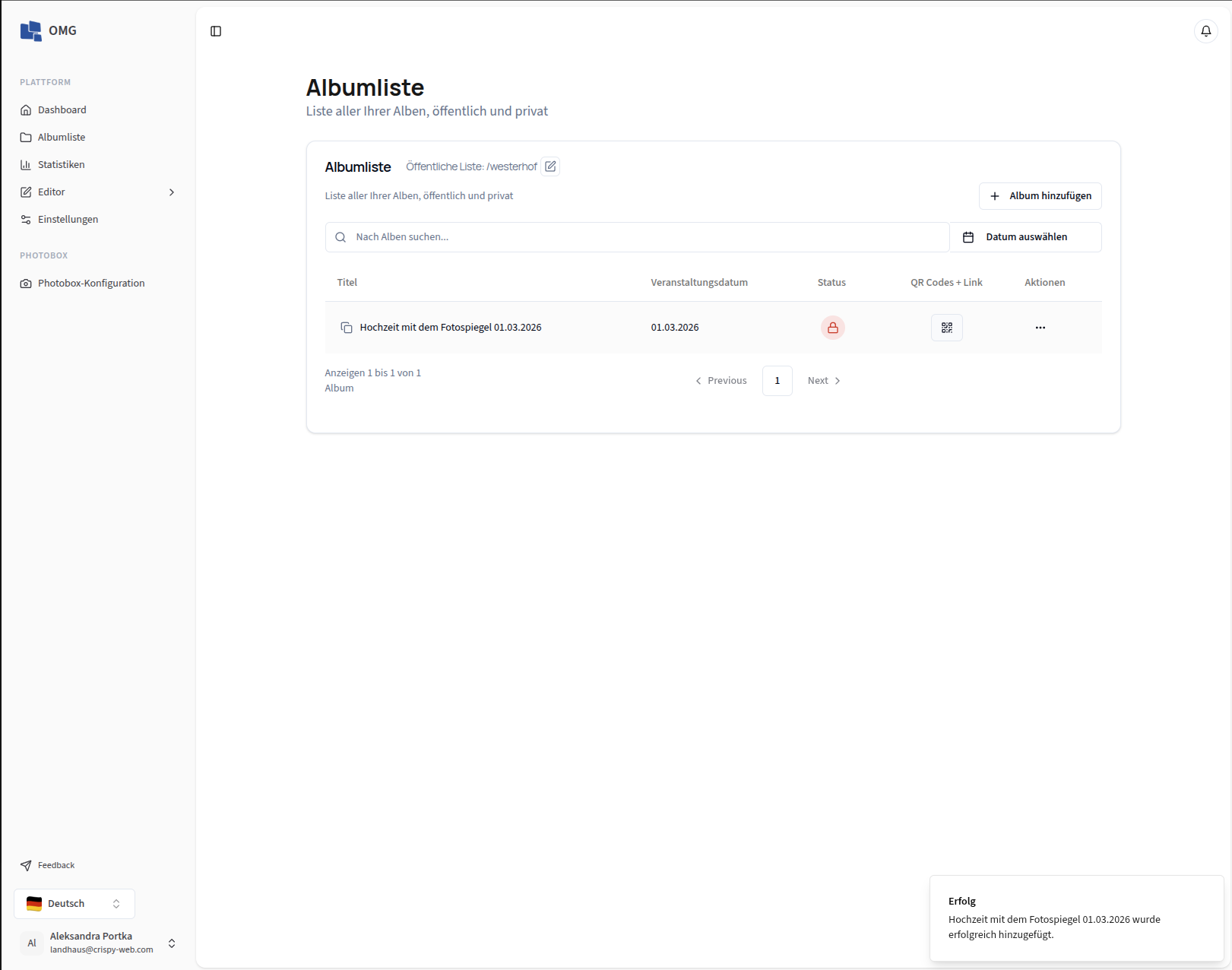 OM Gallery — dashboard album management screenshot